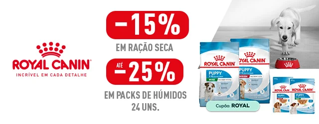 Royal Canin: -15% numa seleção de ração para cão e -25% numa seleção de packs de alimentação húmida para cão