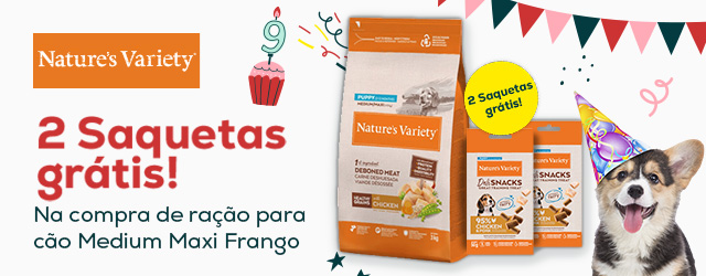 Nature's Variety: 2 saquetas de snacks grátis na compra de ração Medium Maxi Frango para cachorro
