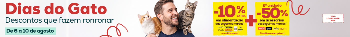 Dias do Gato: 10% de desconto extra na compra de alimentação para gato de marcas selecionadas e 50% de desconto na 2ª unidade em acessórios de marcas selecionadas