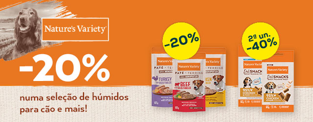 Nature's Variety: -20% numa seleção de packs de húmidos para cão e -40% na 2ª unidade numa seleção de snacks para cão (50 g)