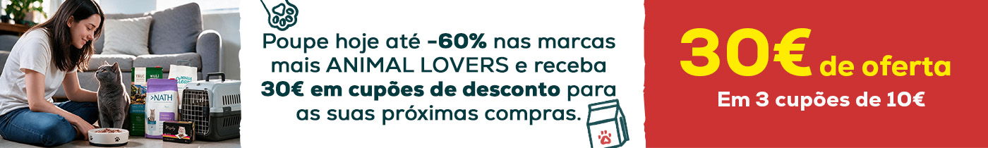 Até -60% nas marcas mais ANIMAL LOVERS e receba 30 € de oferta em 3 cupões de 10 €