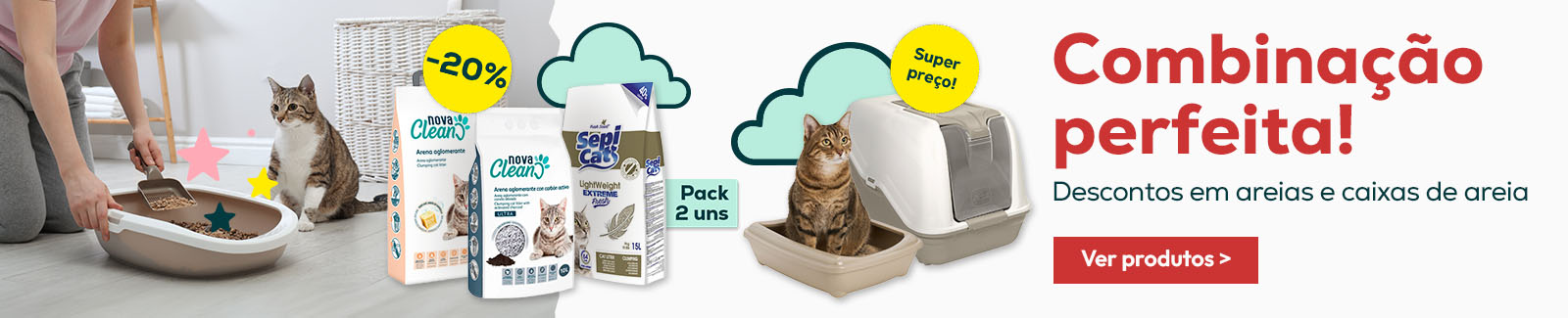 Combina&ccedil;&atilde;o perfeita: -20% em packs de areias e super pre&ccedil;o numa sele&ccedil;&atilde;o de caixas de areia para gato