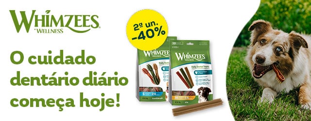 Whimzees: -40% na 2.ª unidade numa seleção de snacks