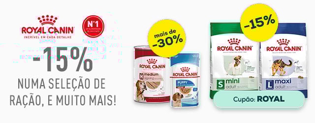 Royal Canin: 15% de desconto em seleção de ração para cão, mais de 30% de desconto em seleção de packs de alimentação húmida