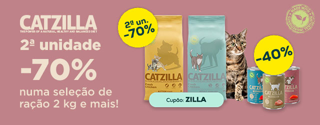 Catzilla: -70% na 2ª unidade em ração 2 kg e -40% numa seleção de packs de alimentação húmida