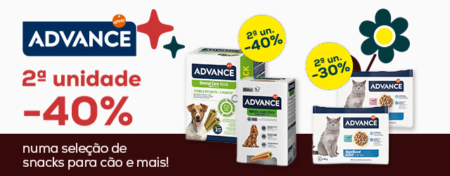 Advance: -40% na 2ª unidade numa seleção de snacks para cão e -30% numa seleção de alimentação húmida para gato