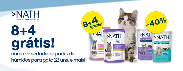 Nath: 8 + 4 grátis em packs de 12 uns. de alimentação húmida e -40% em packs de 6 uns. de snacks para gato