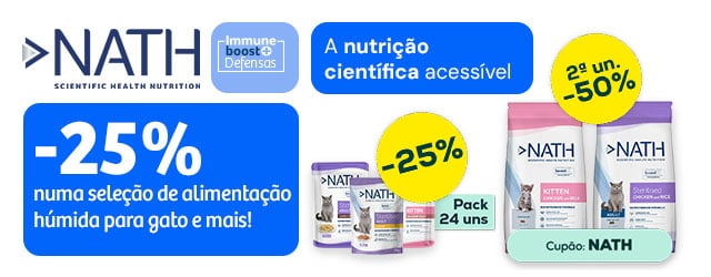 Nath: -25% numa seleção de packs de alimentação húmida para gato 12 uns., -50% na 2ª unidade numa seleção de ração para gato 2 kg