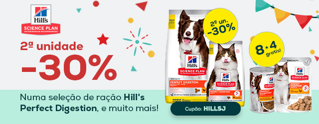 Hill's Perfect Digestion: -30% na 2ª unidade em ração para cão e gato e 8 + 4 grátis em packs de comida húmida 12 un.