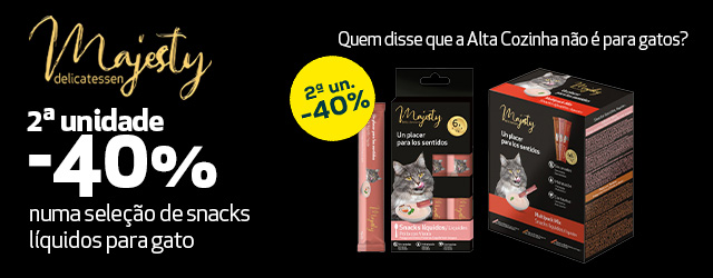 Majesty: - 40% na 2ª unidade numa seleção de snacks para gato