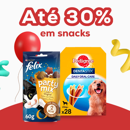 Até 30% de desconto nas suas marcas favoritas de snacks para cão e gato