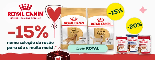 Royal Canin: -15% em uma seleção de rações para cães e -20% em uma seleção de pacotes de comida úmida para cães 12 unidades