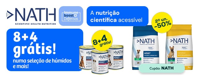 Nath: 8 + 4 grátis numa seleção de packs de alimentação húmida para cão e -50% na 2.ª unidade numa seleção de snacks para cão