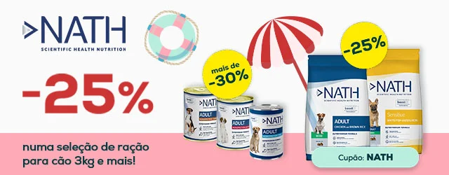 Nath: -25% numa seleção de ração para cão 3 kg, e mais de -30% numa seleção de packs de húmidos para cão 24 un.