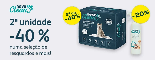 Nova Clean: 40% de desconto na 2ª unidade de tapetes higiénicos atrai-micções para cão 50 un., e 20% de desconto em seleção de acessórios de higiene sanitária para cão