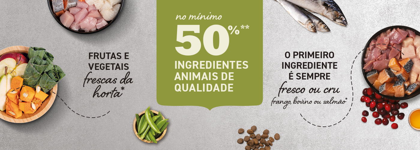 A Acana oferece pelo menos 50% de ingredientes de origem animal de qualidade, com o primeiro ingrediente fresco ou cru, e frutas e legumes frescos.