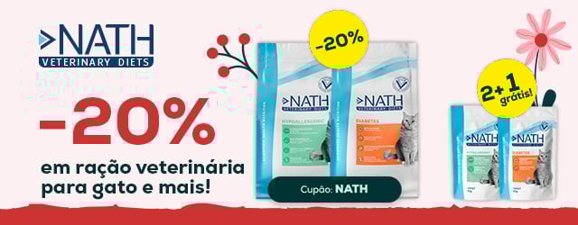 Nath Veterinary Diets: -20% em ração para gato 2 kg, e 2+1 grátis numa seleção de packs de alimentação húmida para gato 12 unid.