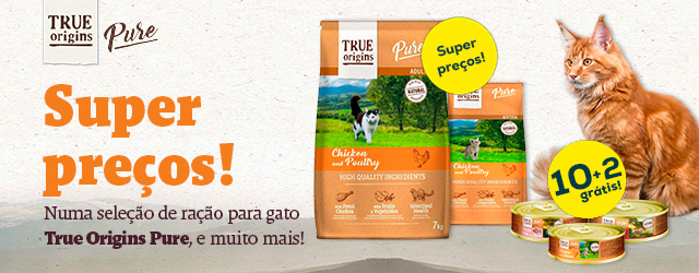 True Origins Pure: Super preços em ração para gato; 10 + 2 grátis em packs de comida húmida de 12 un. para gato