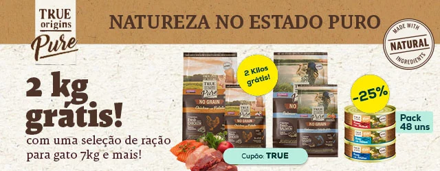 True Origins Pure: 2 kg grátis numa seleção de ração para gato 7 kg e -25% numa seleção de packs de alimentação húmida para gato (48 x 85 g