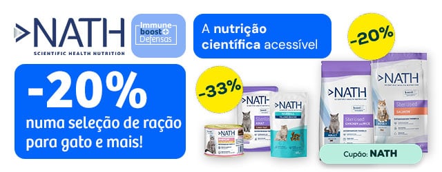Nath: -20% numa seleção de ração para gato, e -33% numa seleção de packs de húmidos e snacks para gato
