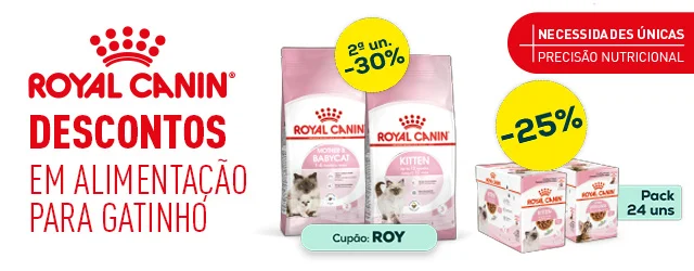 Royal Canin: -30% na 2ª unidade numa seleção de ração para gatinho e -25% numa seleção de packs de alimentação húmida para gatinho