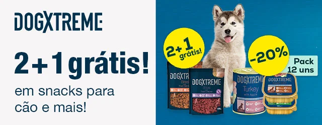 Dogxtreme: 2+1 grátis em snacks Bites para cão, e -20% numa seleção de packs de alimentação húmida para cão 12 uns.