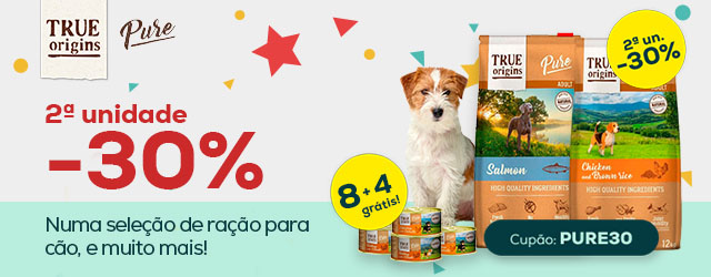 True Origins Pure: 30% na 2ª unidade em ração para cão; super preços em ração para gato; latas grátis na compra de packs de comida húmida de 12 unidades para cão e gato