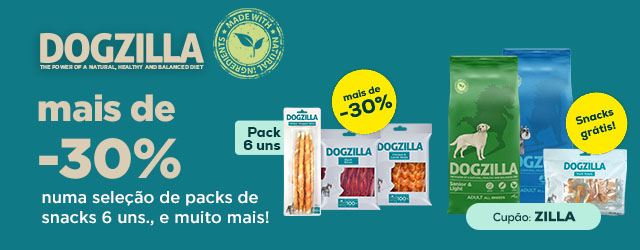 Dogzilla: Mais de -30% numa seleção de packs de snacks (6 unid.) e 2 saquetas de snacks de presente com ração 3 kg