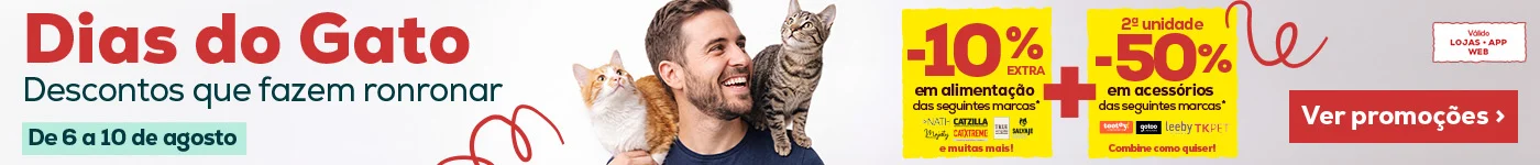 Dias do Gato: 10% de desconto extra na compra de alimentação para gato de marcas selecionadas e 50% de desconto na 2ª unidade em acessórios de marcas selecionadas
