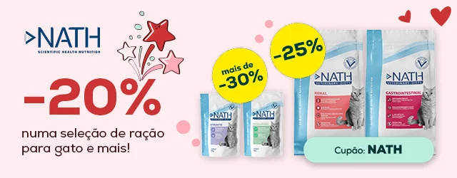 Nath: -20% numa seleção de ração para gato, e mais de -30% numa seleção de packs de húmido para gato (48 uds)