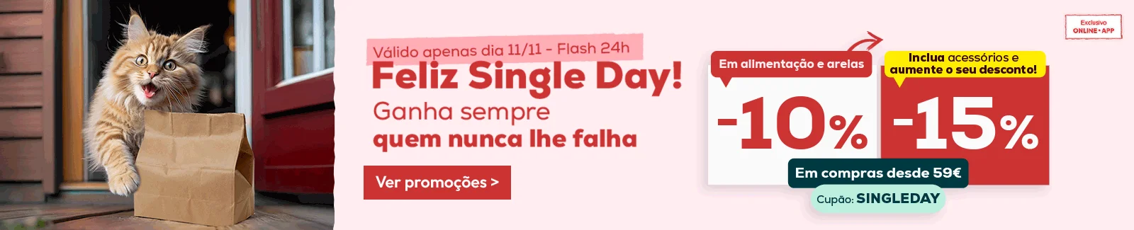 10% de desconto  em compras desde 59€ em alimentação OU 15% de desconto em compras desde 59€ se adicionar um acessório