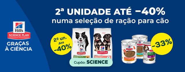 Hill's: Até -40% na 2ª unidade numa seleção de ração para cão e -33% numa seleção de packs de húmidos para cão