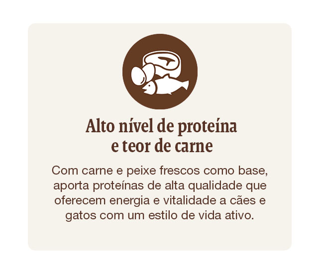 Alimentação com alto nível de proteína que fornece energia e vitaminas a cães e gatos com um estilo de vida ativo