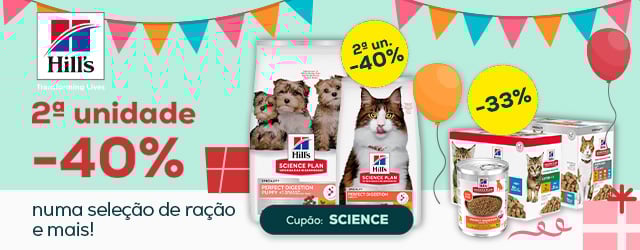 Hill's: -40% na 2ª unidade numa seleção de ração, e até -33% numa seleção de packs de húmidos