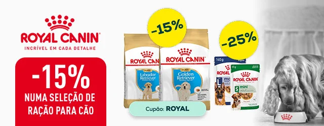 Royal Canin: -15% numa seleção de ração para cão, e -25% numa seleção de packs de húmidos para cão 24 un.s