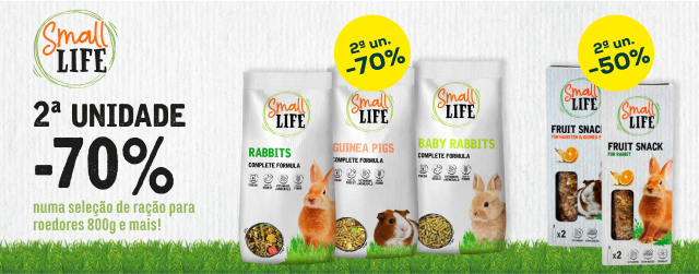 Small Life: -70% na 2ª unidade numa seleção de ração para roedores 800g., -50% na 2ª unidade numa seleção de snacks barritas de fruta para roedores