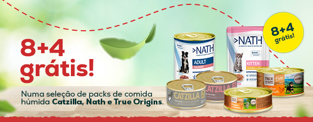 8+4 grátis numa seleção de packs de comida húmida Catzilla, Nath y True Origins 