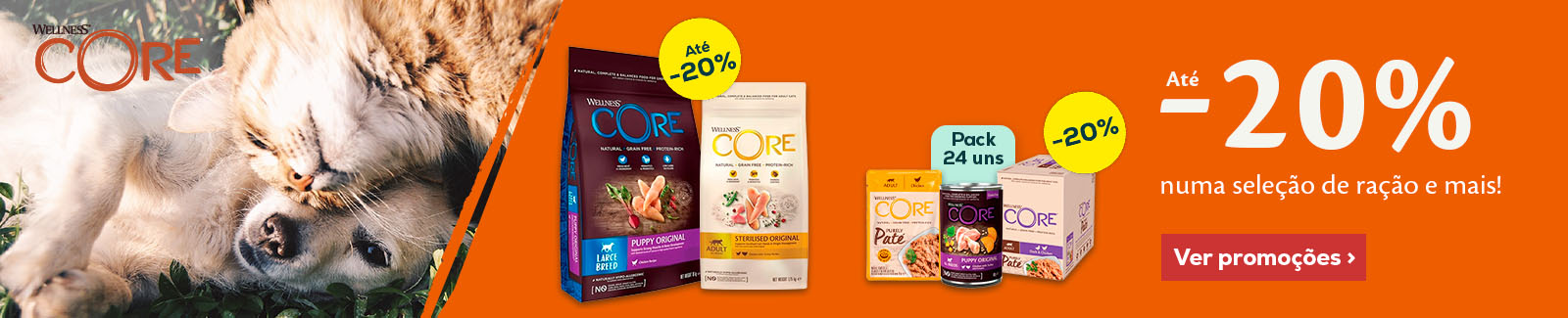 Wellness Core: At&eacute; -20% numa sele&ccedil;&atilde;o de ra&ccedil;&atilde;o e -20% numa sele&ccedil;&atilde;o de packs de alimenta&ccedil;&atilde;o h&uacute;mida
