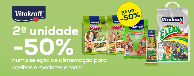 Vitakraft: -50% na 2ªunidade numa seleção de alimentação, substratos e snacks para coelhos e roedores