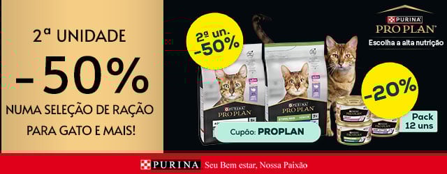 Pro Plan: -50% na 2ª unidade numa seleção de ração para gato 3 kg, -20% numa seleção de packs de alimentação húmida para gato 12 x 85 g
