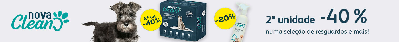 Nova Clean: 40% de desconto na 2ª unidade de tapetes higiénicos atrai-micções para cão 50 un., e 20% de desconto em seleção de acessórios de higiene sanitária para cão