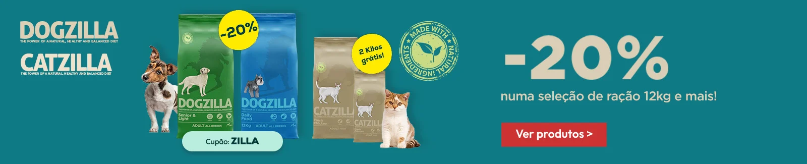 Dogzilla: -20% em ração de 12 kg, e Catzilla: 2 kg grátis numa seleção de ração de 6 kg