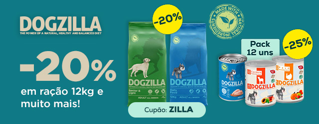 Dogzilla: -20% em ração de 12 kg e -25% numa seleção de packs de alimentação húmida 12 x 400 g