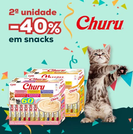 Churu: -40% na 2ª unidade numa seleção de snacks líquidos para gato
