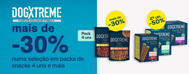 Dogxtreme: Mais de -30% em packs de snacks (4 un.) e -50% na 2.ª unidade numa seleção de snacks