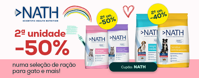 Nath: -25% numa seleção de ração para gato 4 kg e -40% na 2.ª unidade em ração para cão 12 kg
