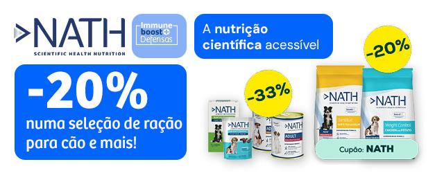 Nath: -20% numa seleção de ração para cão, e -33% numa seleção de packs de húmidos e snacks para cão