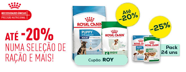 Royal Canin: Até -20% numa seleção de ração para cão e -25% numa seleção de packs de alimentação húmida para cão
