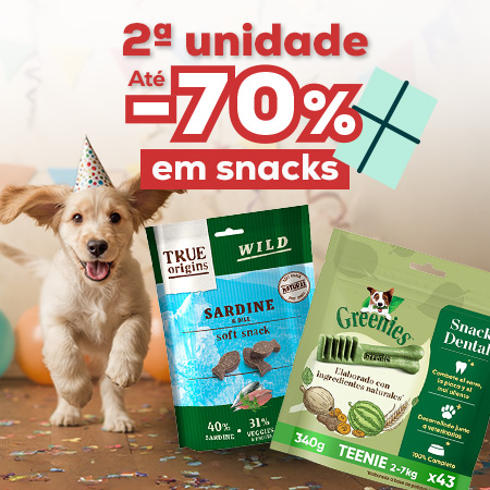 Até -70% na 2ª unidade numa seleção de snacks para cão