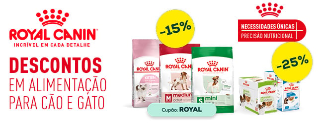 Royal Canin: -15% numa seleção de ração e até -25% numa seleção de alimentação húmida para cão e gato Royal Canin: -15% numa seleção de ração e até -25% numa seleção de alimentação húmida para cão e gato